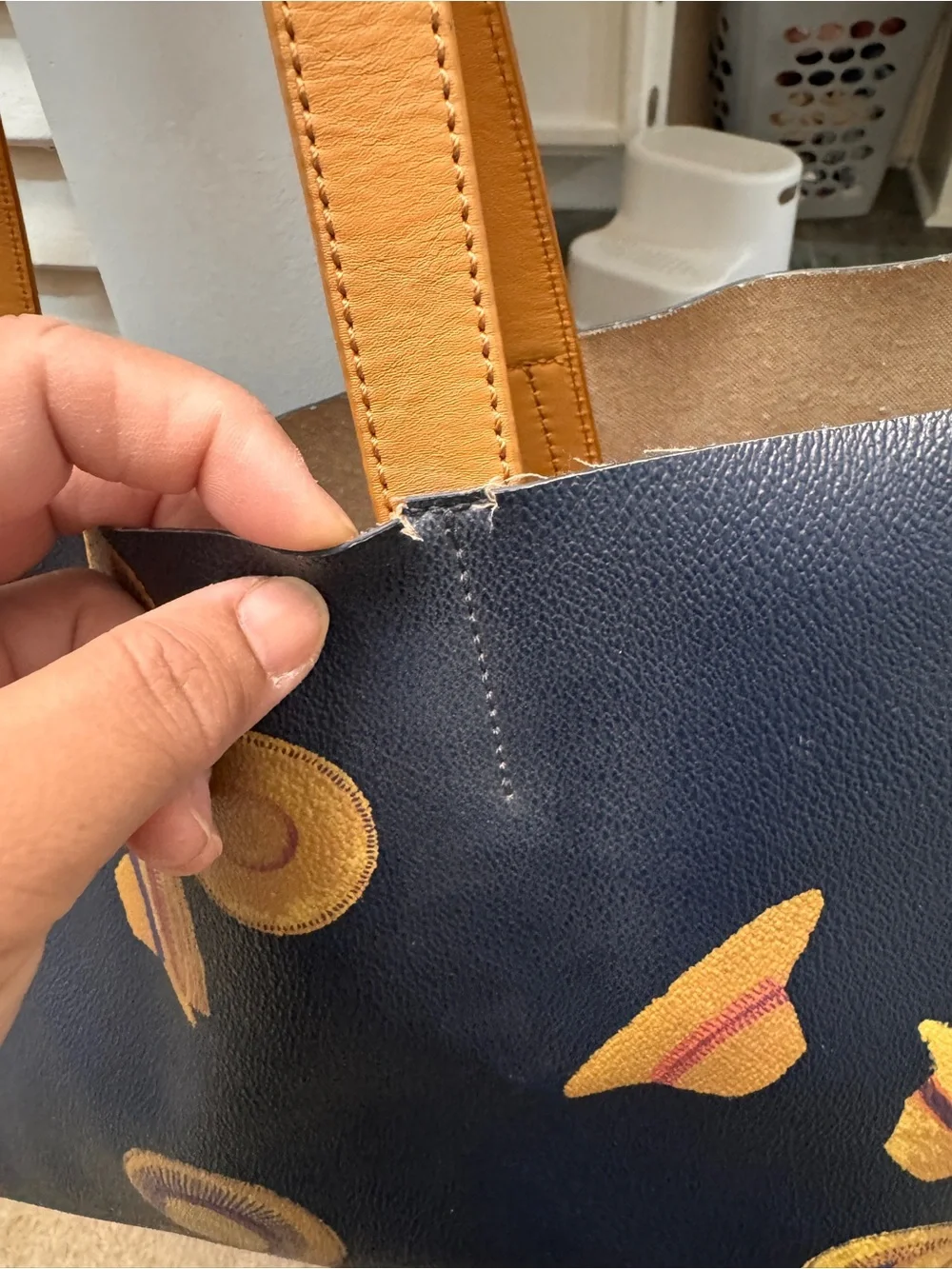Tory Burch Black Leather Tote with Yellow Hat Motif